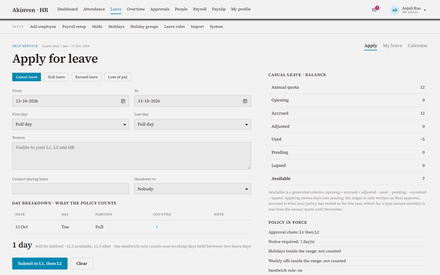 Apply for leave with live balance