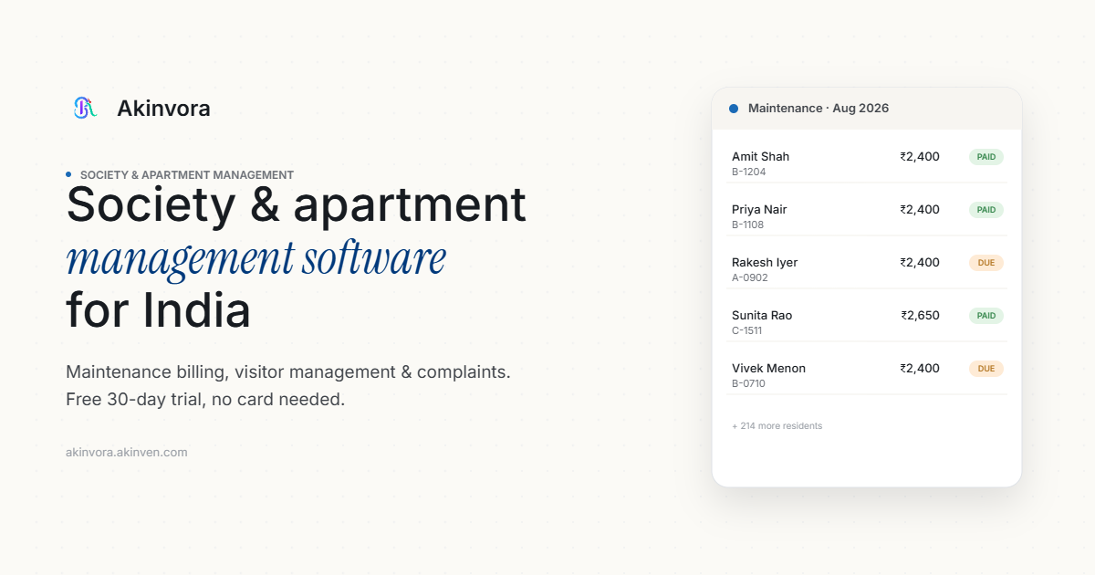 Akinvora maintenance billing view with paid and due status per resident